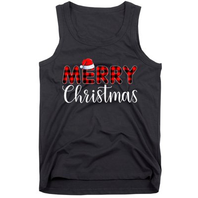 Merry Christmas Buffalo Plaid Red Santa Hat Pajama  Tank Top