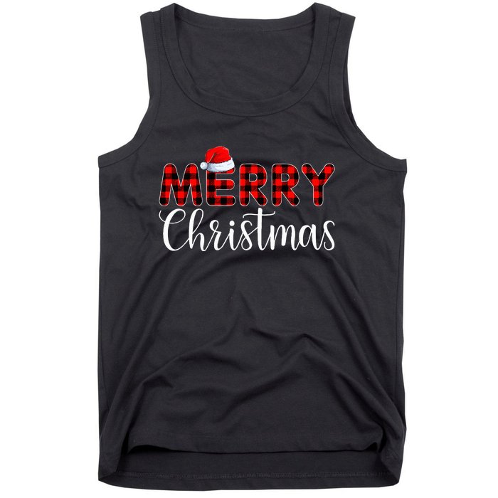 Merry Christmas Buffalo Plaid Red Santa Hat Pajama  Tank Top