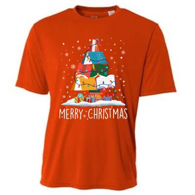 Merry Christmas Books Tree Xmas Book Lovers Gift Cooling Performance Crew T-Shirt