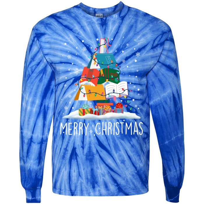 Merry Christmas Books Tree Xmas Book Lovers Gift Tie-Dye Long Sleeve Shirt