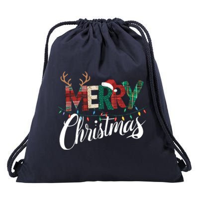 Merry Christmas Buffalo Black And White Plaid For Drawstring Bag