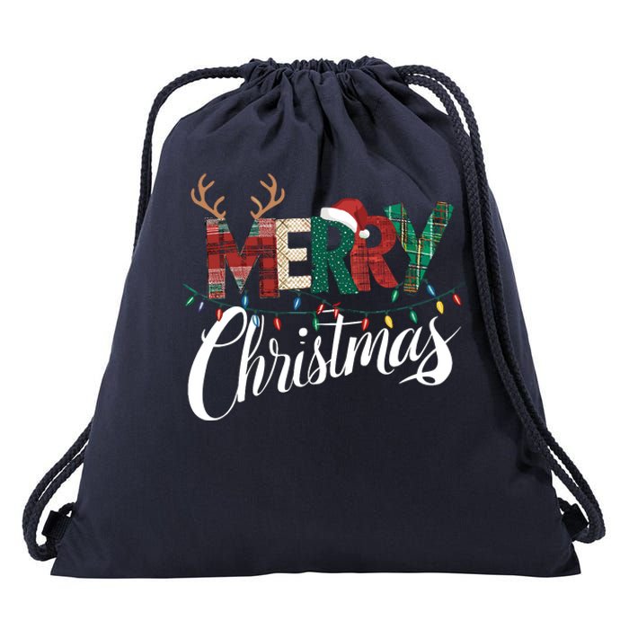 Merry Christmas Buffalo Black And White Plaid For Drawstring Bag