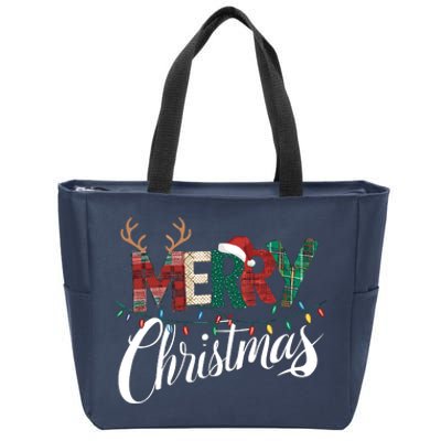 Merry Christmas Buffalo Black And White Plaid For Zip Tote Bag