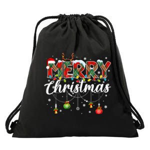 Merry Christmas Buffalo Plaid Family Xmas Drawstring Bag