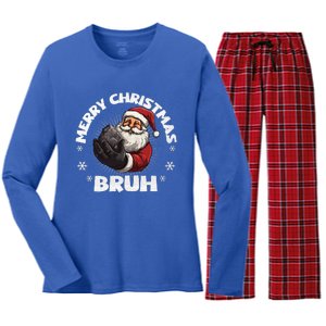 Merry Christmas Bruh Funny Naughty List Coal XMas  Women's Long Sleeve Flannel Pajama Set 