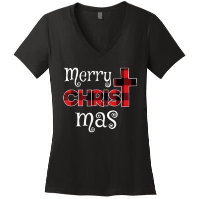 Merry Christmas Buffalo Plaid Women's V-Neck T-Shirt