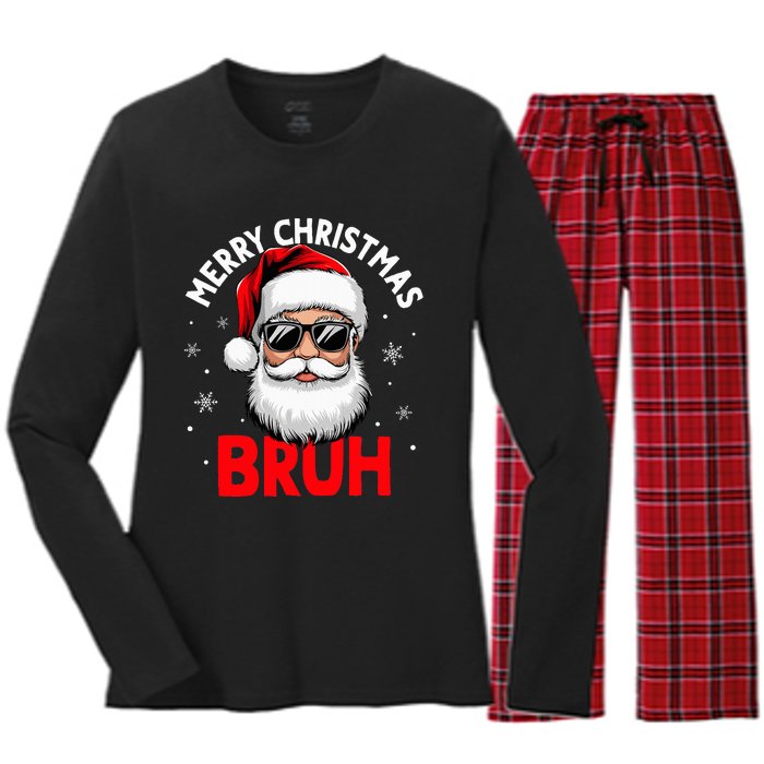 Merry Christmas Bruh Funny Santa Claus Women's Long Sleeve Flannel Pajama Set 