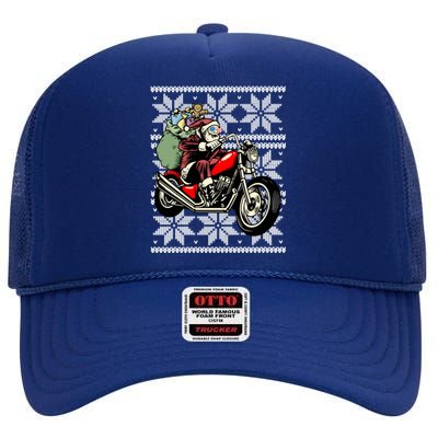 Merry Christmas Biker Motorcycle Ugly Xmas Santa Claus Rider High Crown Mesh Back Trucker Hat