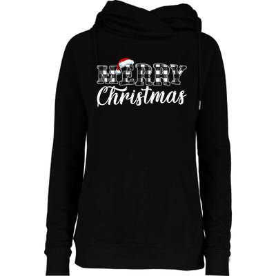 Merry Christmas Buffalo Black and White Plaid Womens Funnel Neck Pullover Hood