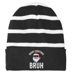 Merry Christmas Bruh Meme Funny Saying For Brother Striped Beanie with Solid Band