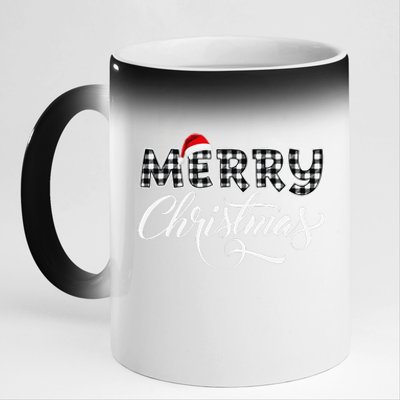 Merry Christmas Buffalo Black And White Plaid 11oz Black Color Changing Mug