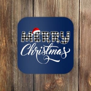 Merry Christmas Buffalo Black And White Plaid Coaster