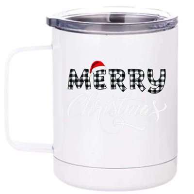 Merry Christmas Buffalo Black And White Plaid 12 oz Stainless Steel Tumbler Cup