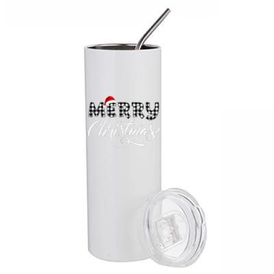 Merry Christmas Buffalo Black And White Plaid Stainless Steel Tumbler