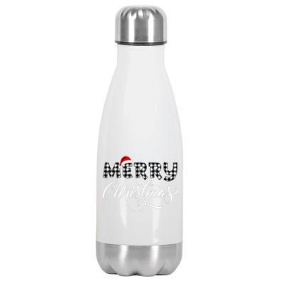 Merry Christmas Buffalo Black And White Plaid Stainless Steel Insulated Water Bottle