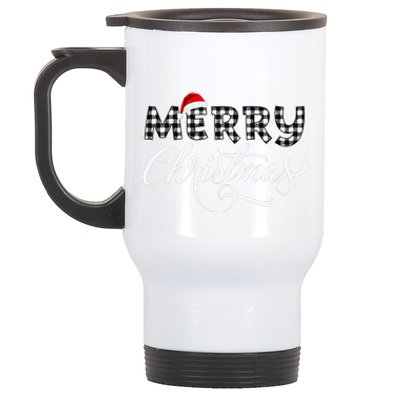 Merry Christmas Buffalo Black And White Plaid Stainless Steel Travel Mug