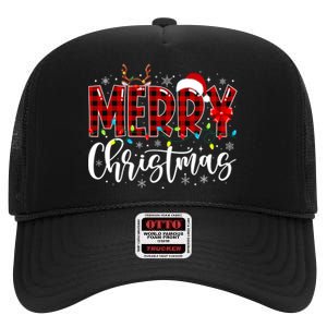 Merry Christmas Buffalo Plaid Red Santa Family Matching Xmas High Crown Mesh Back Trucker Hat