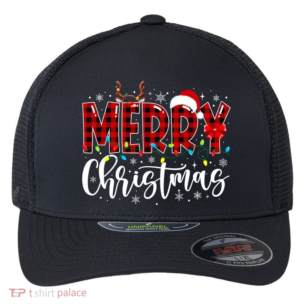 Merry Christmas Buffalo Plaid Red Santa Family Matching Xmas Flexfit Unipanel Trucker Cap