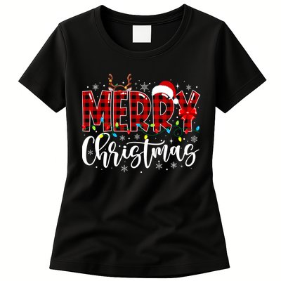 Merry Christmas Buffalo Plaid Red Santa Family Matching Xmas Womens T-Shirt