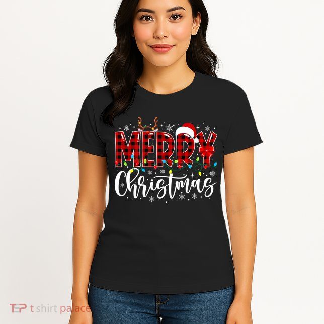 Merry Christmas Buffalo Plaid Red Santa Family Matching Xmas Womens T-Shirt