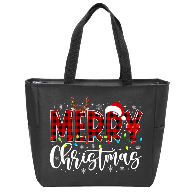 Merry Christmas Buffalo Plaid Red Santa Family Matching Xmas Zip Tote Bag