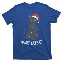 Meowy Catmas Black Cat Christmas Lights Santa Hat Funny Gift Cute Gift T-Shirt