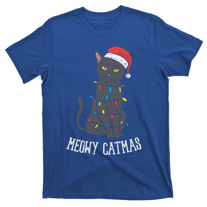 Meowy Catmas Black Cat Christmas Lights Santa Hat Funny Gift Cute Gift T-Shirt