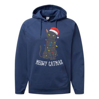 Meowy Catmas Black Cat Christmas Lights Santa Hat Funny Gift Cute Gift Performance Fleece Hoodie