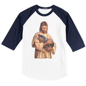 Meme Cute Baby Hippo Jesus Loves Moo Deng Bouncy Pig Gift Baseball Sleeve Shirt