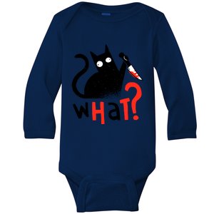 Murder Cat Bloody Knife What? Funny Humor Cats Baby Long Sleeve Bodysuit