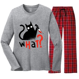 Murder Cat Bloody Knife What? Funny Humor Cats Women's Long Sleeve Flannel Pajama Set 