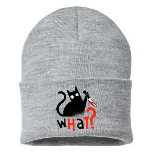 Murder Cat Bloody Knife What? Funny Humor Cats Sustainable Knit Beanie