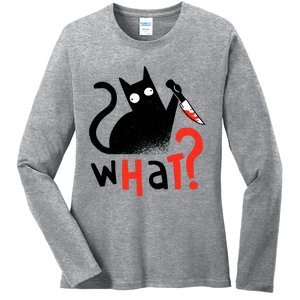 Murder Cat Bloody Knife What? Funny Humor Cats Ladies Long Sleeve Shirt