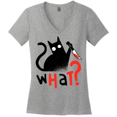 Murder Cat Bloody Knife What? Funny Humor Cats Women's V-Neck T-Shirt