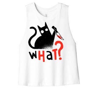 Murder Cat Bloody Knife What? Funny Humor Cats Women's Racerback Cropped Tank