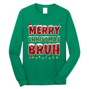 Merry Christmas Bruh Red Green Plaid Xmas Lights Funny Teens Long Sleeve Shirt