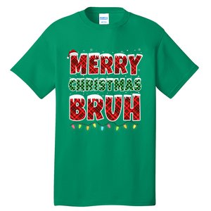 Merry Christmas Bruh Red Green Plaid Xmas Lights Funny Teens Tall T-Shirt