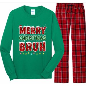 Merry Christmas Bruh Red Green Plaid Xmas Lights Funny Teens Long Sleeve Pajama Set