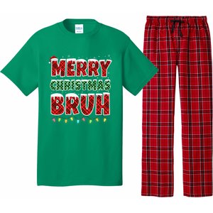 Merry Christmas Bruh Red Green Plaid Xmas Lights Funny Teens Pajama Set