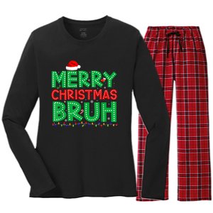 Merry Christmas Bruh Xmas Lights Santa Hat Women's Long Sleeve Flannel Pajama Set 