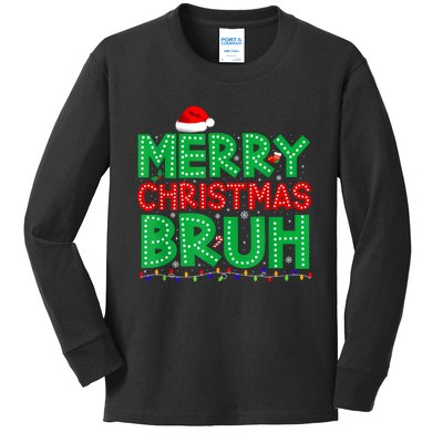 Merry Christmas Bruh Xmas Lights Santa Hat Kids Long Sleeve Shirt