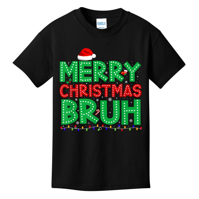 Merry Christmas Bruh Xmas Lights Santa Hat Kids T-Shirt