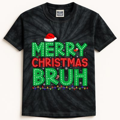 Merry Christmas Bruh Xmas Lights Santa Hat Kids Tie-Dye T-Shirt