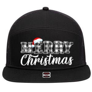 Merry Christmas Buffalo Black And White Plaid 7 Panel Mesh Trucker Snapback Hat