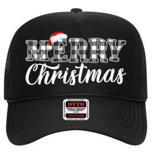 Merry Christmas Buffalo Black And White Plaid High Crown Mesh Back Trucker Hat