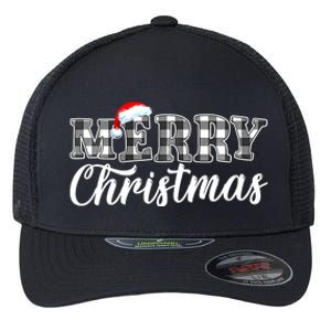 Merry Christmas Buffalo Black And White Plaid Flexfit Unipanel Trucker Cap