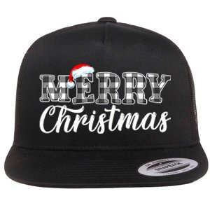 Merry Christmas Buffalo Black And White Plaid Flat Bill Trucker Hat