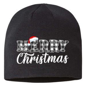 Merry Christmas Buffalo Black And White Plaid Sustainable Beanie