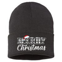 Merry Christmas Buffalo Black And White Plaid Sustainable Knit Beanie