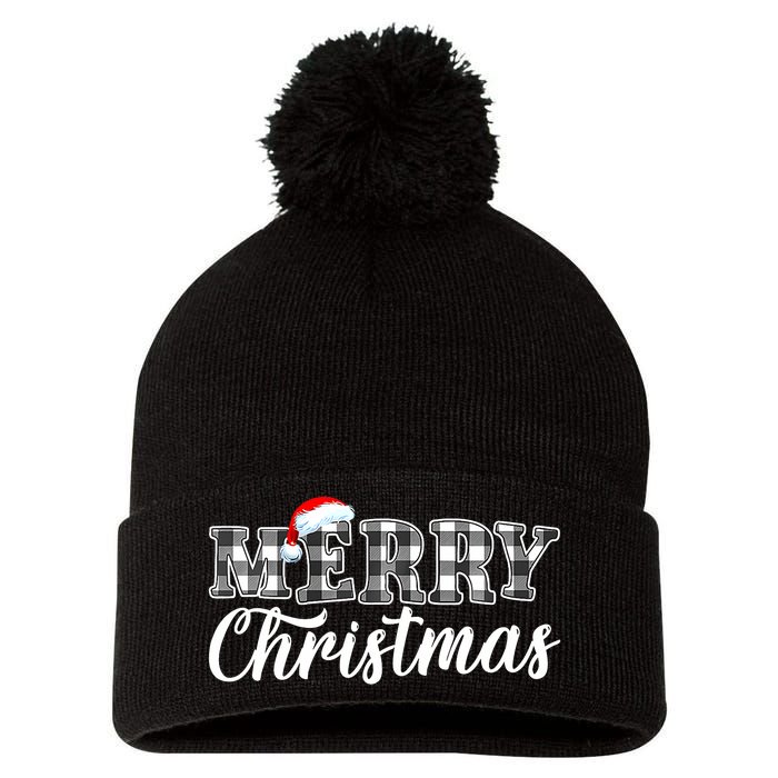 Merry Christmas Buffalo Black And White Plaid Pom Pom 12in Knit Beanie